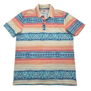 Kenny Flowers Polo Shirt Men L Blue Aztec Print Short Sleeve Golf Performance